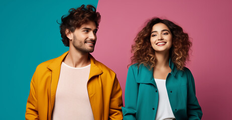 Portrait stylish beautiful happy woman and man, modern young couple together on colorful background