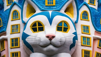 Poster - A large cat head sculpture in front of a building with windows, AI