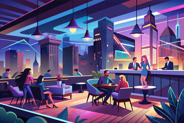 Colorful illustration of a vibrant rooftop bar scene at night with people socializing, with a skyline backdrop and neon lights.