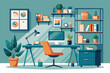 © SaroStock - Illustrated home office setup with a desk, chair, computer, and shelves filled with books and decorative plants in a cozy room environment.