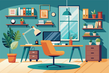 Poster - Illustrated home office setup with a desk, chair, computer, and shelves filled with books and decorative plants in a cozy room environment.