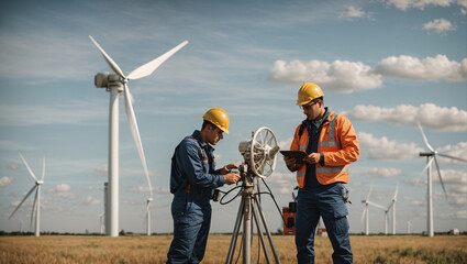 Two environmental professionals specializing in wind energy production are collaborating on sustainable energy projects. The work includes both maintenance and ongoing monitoring of wind turbines