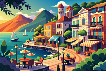 Wall Mural - Colorful illustration of a picturesque coastal village with Mediterranean-style buildings, a sailboat in the sea, mountains in the background, and an outdoor cafe setting.