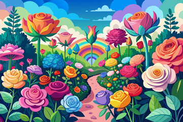 Poster - Colorful illustrated garden with oversized, stylized flowers in various colors, a winding path, and a rainbow in the background.