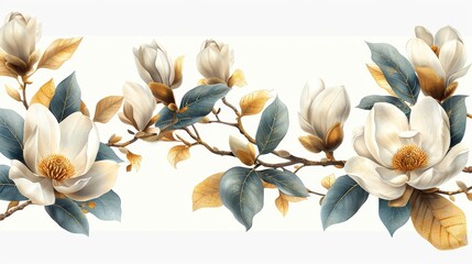 Wall Mural - The golden magnolia frame is framed with floral botanicals. This elegant gold line wallpaper has magnolia flowers, leaves, foliage, branches all hand drawn.