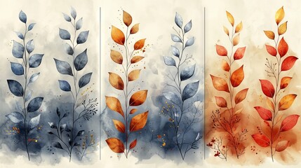 Wall Mural - Watercolor and golden leaf branch element modern illustration with polygonal frame and brush stroke texture. This design can be used as a frame, invitation card, poster or banner.