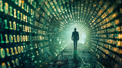 Back view of businessman on abstract binary code background.