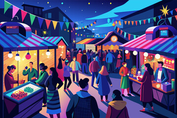 Leinwandbilder - illustration urban night market scene with multiple stalls and diverse people shopping and interacting under neon lights, with skyscrapers in the background and a crescent moon in the sky