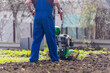 A farmer in the garden tills the land with a motorized cultivator or power tiller, preparing the soil for planting crops