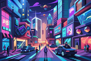 Poster - Vibrant illustration of a futuristic city street at dusk with neon signs, tall buildings, and people walking, alongside cars driving down the road.