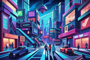 Poster - Vibrant illustration of a futuristic city street at dusk with neon signs, tall buildings, and people walking, alongside cars driving down the road.