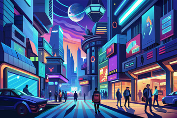 Poster - Vibrant illustration of a futuristic city street at dusk with neon signs, tall buildings, and people walking, alongside cars driving down the road.