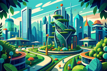 Illustration of a colorful futuristic city with stylized skyscrapers, an elevated monorail, abundant greenery, and whimsical trees under a clear blue sky.