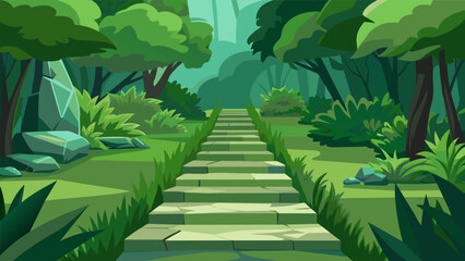 Wall Mural - Lush greenery lines the stone pathways adding a sense of natural tranquility to the space.. Vector illustration