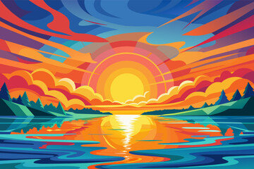 Leinwandbilder - Stylized illustration of a sunset with a large, glowing sun setting over a body of water, reflecting vivid orange and yellow light. The background features rolling hills or mountains with a dynamic