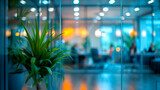 Fototapeta Tęcza - Background image of modern office space with blurred businessman working behind glass wall, generated AI