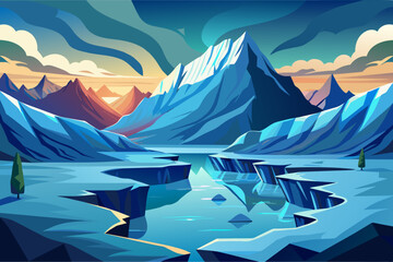 Stylized illustration of a vibrant, colorful mountain landscape with sharp peaks covered in snow and a winding river running through deep blue canyons.