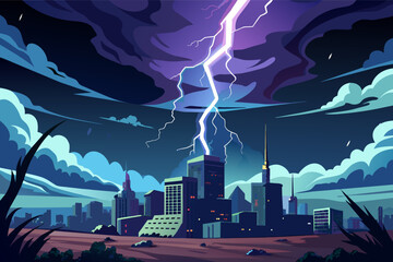 Wall Mural - Illustration of a nighttime cityscape with a dramatic purple and blue sky during a thunderstorm, featuring a large lightning bolt striking a skyscraper.