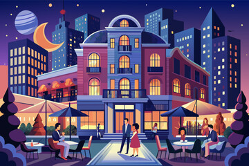 Aufkleber - Illustration of a vibrant cityscape at night featuring a decorative three-story building in the center, surrounded by taller buildings and trees, with street lamps glowing and stars in the sky.