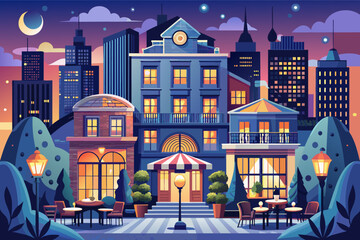 Aufkleber - Illustration of a vibrant cityscape at night featuring a decorative three-story building in the center, surrounded by taller buildings and trees, with street lamps glowing and stars in the sky.
