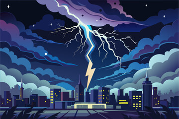 Wall Mural - Illustration of a nighttime cityscape with a dramatic purple and blue sky during a thunderstorm, featuring a large lightning bolt striking a skyscraper.