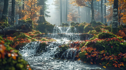 Wall Mural - Autumnal Forest Waterfall with Vibrant Leaves, Streaming Sunlight Through Moss-Covered Rocks