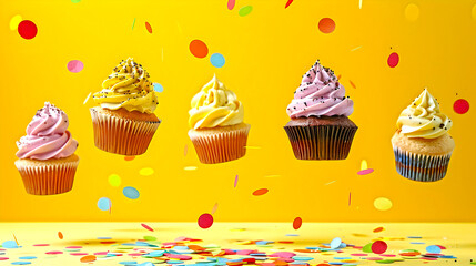 Poster - Festive Cupcakes Floating Against Yellow Background with Colorful Confetti. Celebratory Mood, Delightful Dessert Presentation. Ideal for Parties and Events. AI