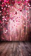 The room is creatively decorated with heartshaped balloons hanging from the ceiling, pink and red hearts, and wooden flooring. 3d illustration. High quality photo