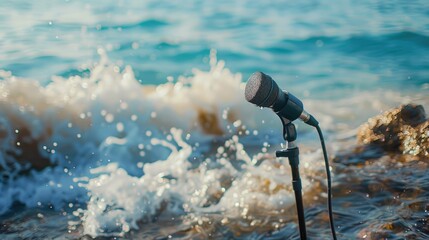 Wall Mural - Close-up of a Shotgun microphone against the background of the sea. Recording ambient wave sounds.

