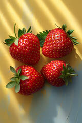 Wall Mural - Four red strawberries are on a yellow background