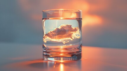 A glass of water with a cloud in it on a table. Generative AI.