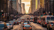 Busy Downtown Chicago Traffic at Sunset with Cityscape and Commuters