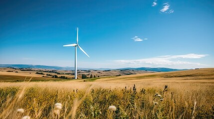 Wind Turbine in a Vast Golden Field Under a Clear Blue Sky