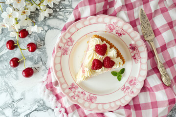 Wall Mural - delicious cheesecake slice topped with fresh raspberries on a floral patterned plate