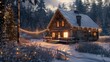 log cabin with shining windows and Christmas lights in wintry landscape. The scene was rendered with photorealistic shaders and lighting


