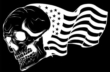 Wall Mural - white silhouette of American flag with gold skull on black background