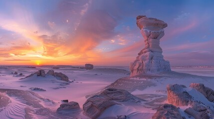 Wall Mural - Incredible Sunset with incredible stone Chimney form at white desert near bahariya desert near cairo Egypt

