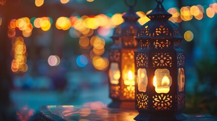 Ramadan celebration at night with beautiful illuminated lights, muslim holiday in evening scene
