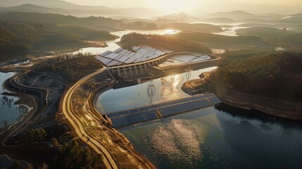 Wall Mural - Aerial View of Energy solar power plant on the  reservoir