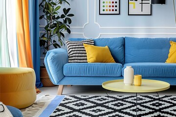 Canvas Print - Blue sofa with yellow pillows, contemporary home interior design in vivid colors, black and white pattern rug