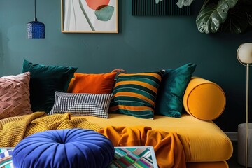 Canvas Print - Yellow and blue vivid colors, home living room interior design with soft textures and cozy pillows