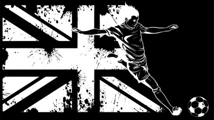 Wall Mural - white silhouette of soccer player quick shooting a ball on black background