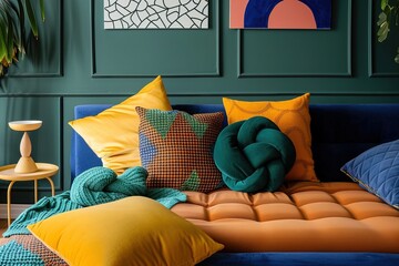 Canvas Print - Yellow and blue vivid colors, home living room interior design with soft textures and cozy pillows