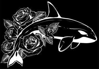 Sticker - white silhouette of Killer whale with roses on black background vector illustration