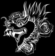 Sticker - white silhouette of Japanese dragon with rose flower vector design isolated on black background