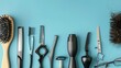 Professional hairdresser tools on blue background. Barber equipment on wooden table. Beauty salon and hairdressing concept