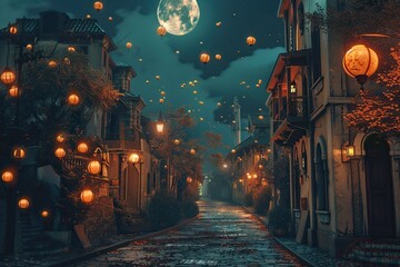 Canvas Print - Halloween-inspired 3D Render Depicting a Realistic Horror House and Haunting Street under Moonlight