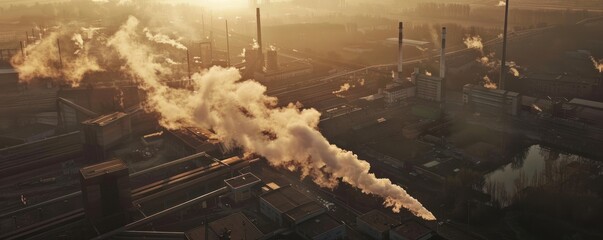 aerial view of industrial factories emitting smoke that causes air pollution