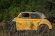 Side view of an yellow abandoned wrecked car and a forest in the background 