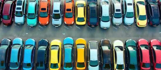 Wall Mural - Portrait of cars of various colors parked in the parking lot.